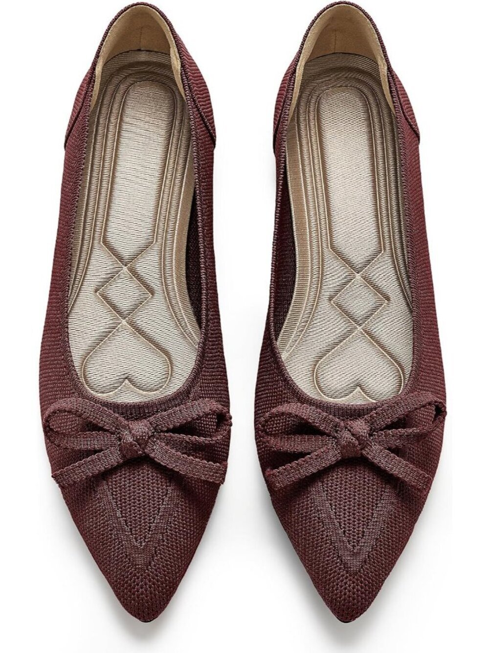 Women's Wine Red Pointed Toe Bow Knit Ballet Flats Comfortable Slip On Shoes